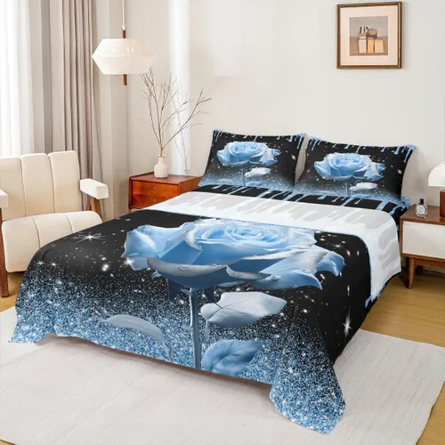 Miniatura 16 de Manfei Juego de sábanas de rosas rosas 3D tamaño individual, juego de ropa de cama brillante con purpurina rosa para decoración de habitación