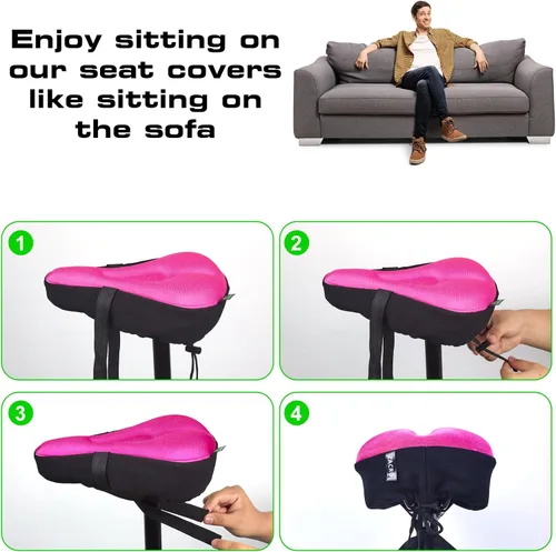Miniatura 6 de Zacro Cojín de asiento de bicicleta, funda acolchada de gel para asiento de bicicleta para hombres y mujeres, cómodo, asiento de bicicleta Rosa