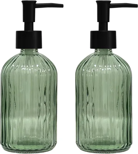 Miniatura 13 de Dispensador de jabón de vidrio verde con bomba de plástico negro, dispensador de jabón líquido para manos recargable de 12 oz, paquete de 2 botellas