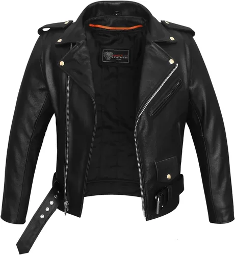 Miniatura 5 de Vance - Chaqueta de motociclista de cuero estilo policía clásico negro con lados lisos