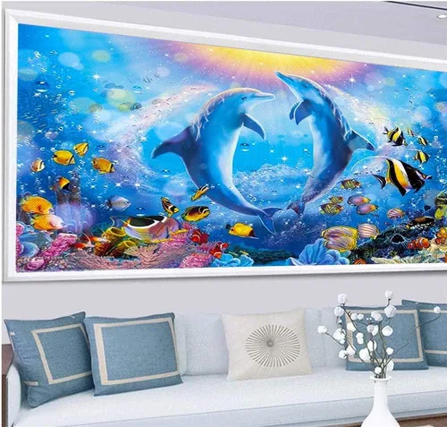 Miniatura 2 de Kits de pintura de diamante 5D DIY para adultos con bordado de delfín, perforación completa redonda de gran tamaño (31.5x11.8 pulgadas) Arte