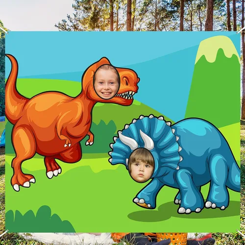 Miniatura 5 de Lindo cartel de caricatura de dinosaurio Triceratops telón de fondo de cara de T-Rex juego de fiesta de juego de selva temática de dinosaurios