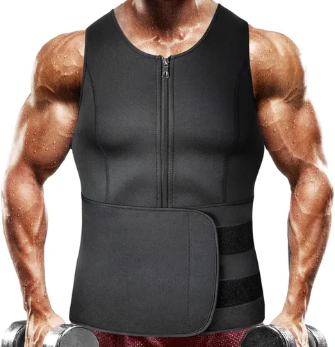 MISS MOLY Chaleco de entrenamiento de cintura de sauna para hombre, chaleco para sudar con cinturón recortador, camiseta sin mangas de Negro (con 1