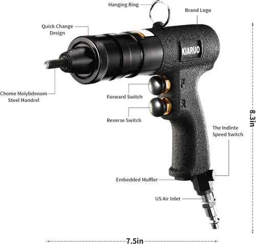 Miniatura 2 de Pistola Neumática para Tuercas Remachables 8-32,10-24,1/4-20 con Mandriles de Repuesto, Pistola de Remachadora de Tuerca de Grado Industrial 1500