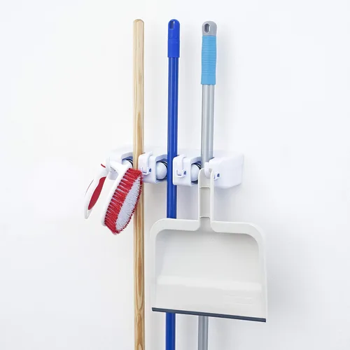 Miniatura 2 de Superio Soporte de pared para fregona y escoba (negro) Herramientas de limpieza Organizador de pared, 5 ranuras para estante y 6 ganchos
