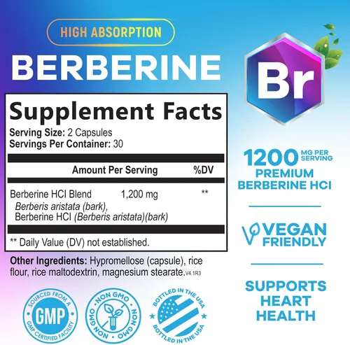 Miniatura 2 de Berberine HCL Blend 1200mg por porción – Alta absorción, suplemento de berberina extra fuerte – Salud avanzada del corazón y apoyo inmunológico