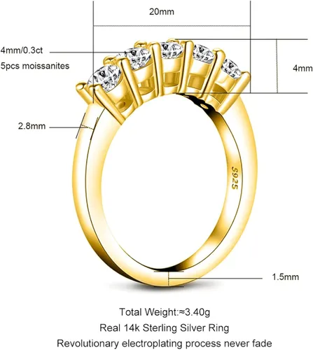 Miniatura 8 de AnuClub 5 Stone Moissanite Ring 1.5cttw D Color Lab Diamond Gold Plated Silver Stackable Rings For Women With Certificate
