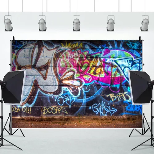 Miniatura 5 de Yeele Fondo de pared de graffiti retro de 5 x 3 pies, pared de ladrillo rústico de los años 80 y 90, dibujo a mano, pintura de graffiti, tema de hip