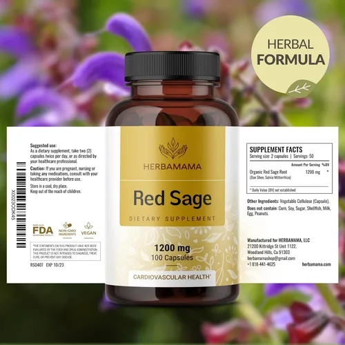 Miniatura 7 de HERBAMAMA Cápsulas de suplemento de salvia roja, 1200 mg de raíz de salvia roja (Dan Shen) para apoyo antioxidante, suplemento vegano, sin OMG