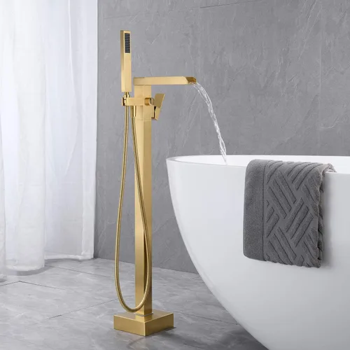 Miniatura 3 de Wowkk Grifo de Bañera Independiente Dorado Cepillado Cascada Llenador de Bañera Montaje en Piso Latón Mango Único Grifos de Baño con Ducha de Mano
