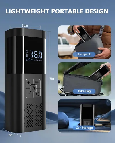 Miniatura 6 de Inflador de neumáticos, compresor de aire portátil, bomba de aire inalámbrica de 150 PSI, para neumáticos de automóvil con manómetro digital, Negro