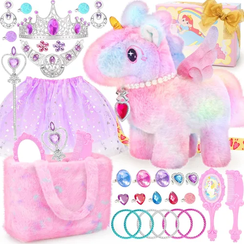 Tagitary Juguetes de Unicornio de Peluche con Cuernos Luminosos, Poni Caminante Unicornio de Peluche Interactivo Realista con Disfraces para Niños y