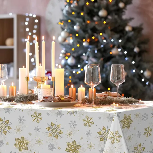 Miniatura 6 de 3 Piezas Decoraciones de Mantel de Fiesta de Plástico con Copos de Nieve de Navidad, Cartel de Fondo Navideño Azul con Copo de Nieve Blanco Cubierta