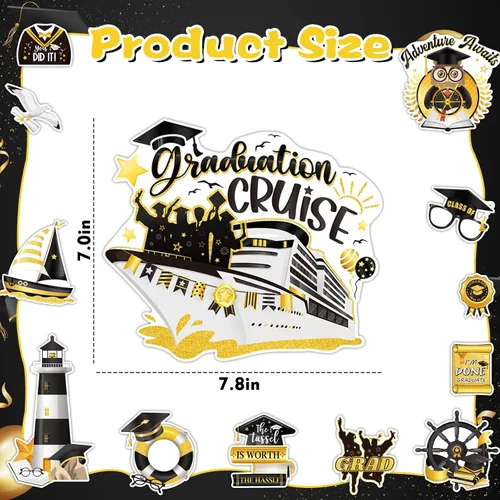 Miniatura 3 de PHOGARY imanes de graduación 2025 decoraciones de puerta de crucero adhesivos magnéticos de brillo 17 piezas, imanes negros y dorados