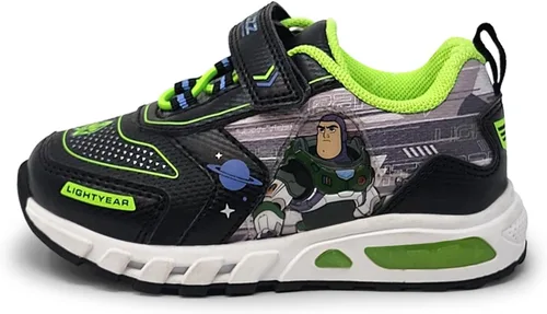 Disney Buzz Lightyear - Tenis deportivos iluminados para niños con correa ajustable (niños pequeños, niños pequeños), color negro