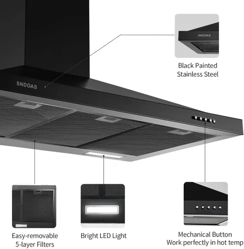Miniatura 3 de SNDOAS Campana Extractora Negra de 36 Pulgadas, Campana Extractora de Acero Inoxidable de Montaje en Pared Negra, Campana Extractora de Cocina