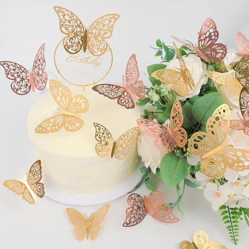 Miniatura 2 de 72 piezas de decoración de pared de mariposa, 3 estilos, 3 tamaños, mariposa 3D, mariposa dorada y oro rosa, decoraciones de boda, decoraciones