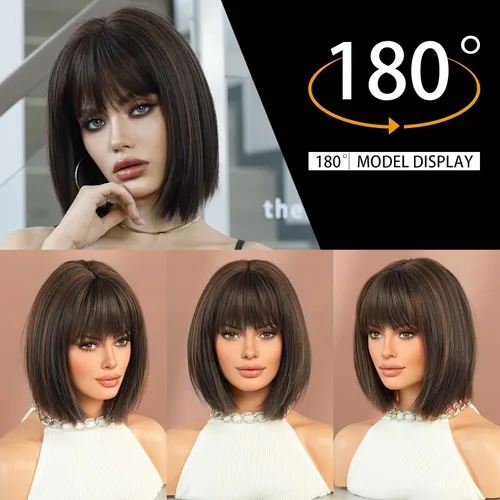 Miniatura 4 de 7JHH WIGS Peluca corta y lacia con flequillo de 12 pulgadas, peluca corta de cabello natural rubio natural con reflejos estilo Bob, cabello Peluca