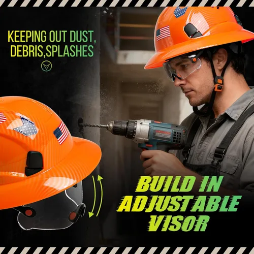 Miniatura 3 de Casco duro de ala completa con patrón de fibra de carbono con visera, casco de seguridad de construcción aprobado por la OSHA para hombres y Fibra
