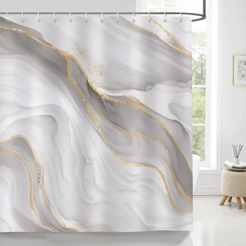 Miniatura 8 de Bonhause Cortina de ducha de mármol verde esmeralda, cortina de baño de arte abstracto moderno, 72 x 72 pulgadas, tela de poliéster impermeable
