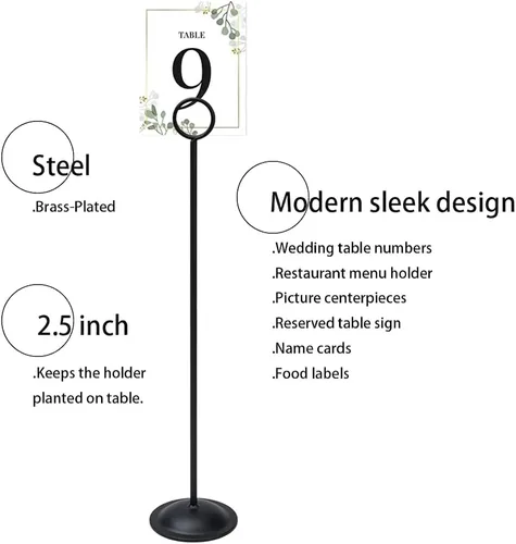 Miniatura 3 de HOHIYA Paquete de 12 soportes negros para números de mesa de 12 pulgadas, soportes para tarjetas de lugar de boda Elegantes soportes negros