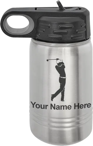 Miniatura 44 de LaserGram Botella de agua personalizada, golfista de golf, acero inoxidable de doble pared aislada al vacío con popote superior, regalo grabado Negro