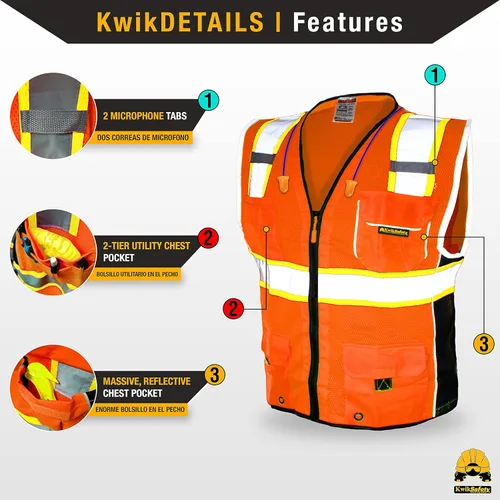 Miniatura 4 de KwikSafety - Charlotte, NC - Chaleco de seguridad clásico y supremo [bolsillo gigante] Clase 2 Trabajo PPE ANSI probado OSHA Cumple con OSHA Naranja