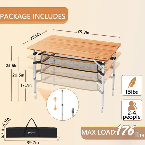 Miniatura 3 de KingCamp Mesa de camping plegable de bambú estable ligera Mesas plegables al aire libre de bambú Picnic portátil de altura ajustable