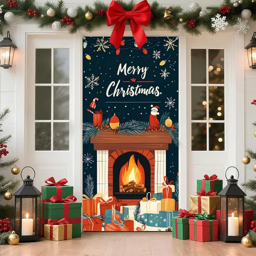 Miniatura 8 de Cubierta de Puerta de Navidad Papá Noel Muñeco de Nieve Árbol de Navidad Corona Pancarta Decoración de Vacaciones de Invierno para Puerta Principal