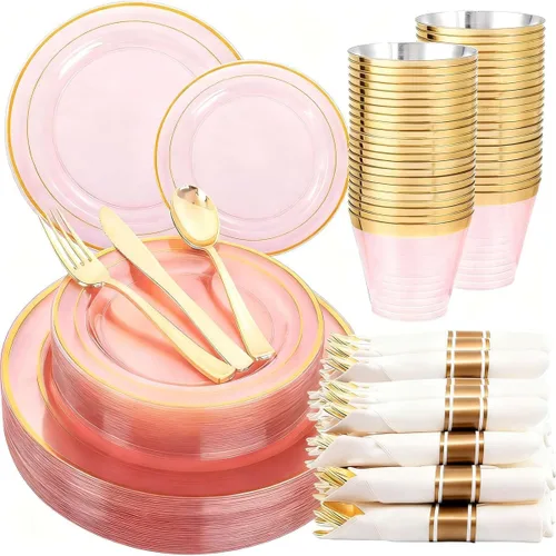 Miniatura 23 de WELLIFE 350 platos de plástico dorado transparente, 100 platos desechables, 150 cubiertos de plástico, 50 tazas, 50 servilletas para bodas y fiestas