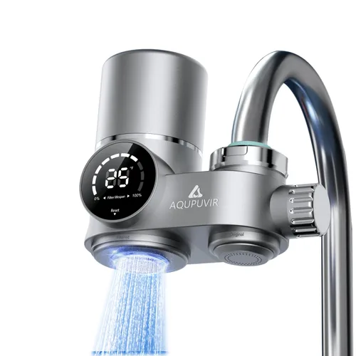 Filtro de agua para grifo de fregadero, filtro reductor de plomo, diseño de doble cabezal con pantalla de temperatura ℉, carcasa reforzada de larga