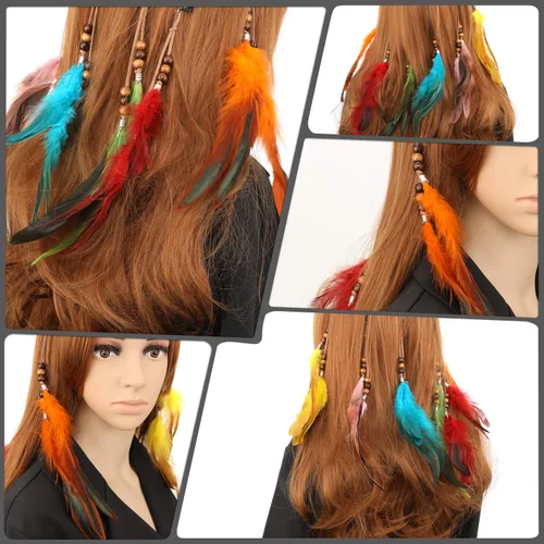 Miniatura 7 de MWOOT 6 pinzas para el pelo de plumas, extensiones de cabello bohemias hechas a mano con peine de clip, horquilla hippie bohemia, pluma, cuerda