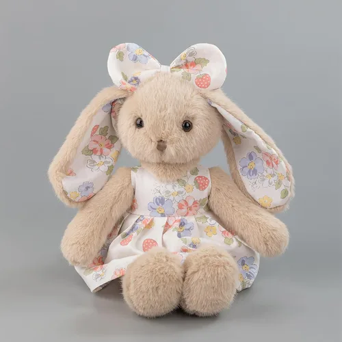 Miniatura 5 de Conejito de peluche de 14 pulgadas, conejo beige con vestido floral de fresa y lazo, regalo de conejo de Pascua suave para niñas, decoración