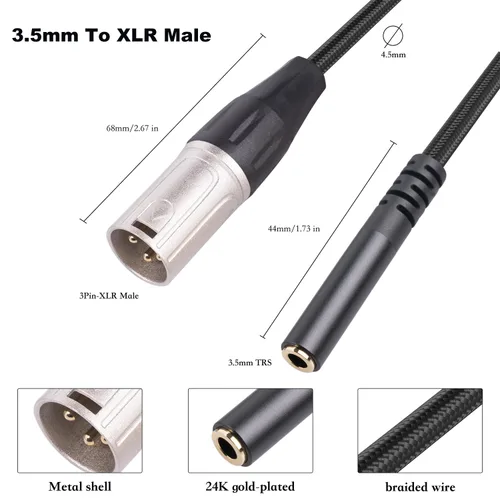Miniatura 4 de Cable macho de 1/8 a XLR, cable adaptador de convertidor de audio macho TRS hembra equilibrado de 0.138 in a XLR macho (11.8 pulgadas)