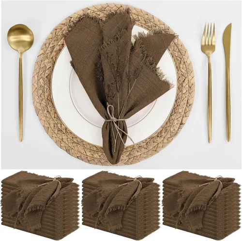 Miniatura 26 de Paquete de 12 servilletas de lino y algodón beige de 16 x 16 pulgadas, hechas a mano con flecos, servilletas de tela suave, lavables y rústicas