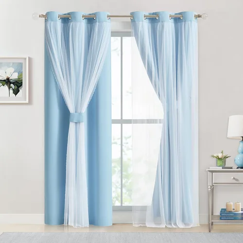 Miniatura 2 de Bujasso- 2 cortinas 80% blackout azul cielo c/capa superpuesta traslúcida, doble capa térmica y aislante p/mezclar y combinar, parte superior