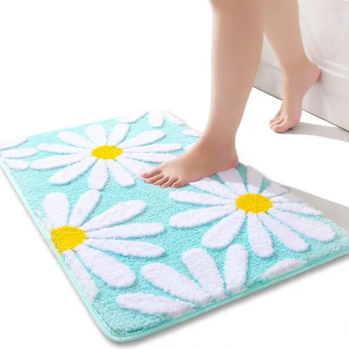 Miniatura 22 de QJHOMO Alfombra de baño azul con diseño de margaritas, decoración de flores blancas y amarillas, alfombra antideslizante de microfibra, súper Azul