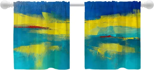 Miniatura 198 de Shrahala Beige and Orange Abstract Art Brushstrokes Blackout Curtain Tiers, Abstract Oil Paint Kitchen Valance Light Blocking Tier Drapes with Rod