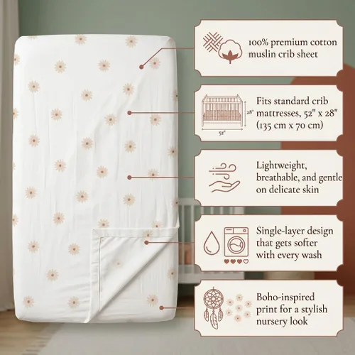 Miniatura 2 de Lulujo Sábanas de muselina para cuna, sábanas ajustables para colchón de cuna para niños y niñas, 28 x 52 pulgadas, 1 paquete de margaritas