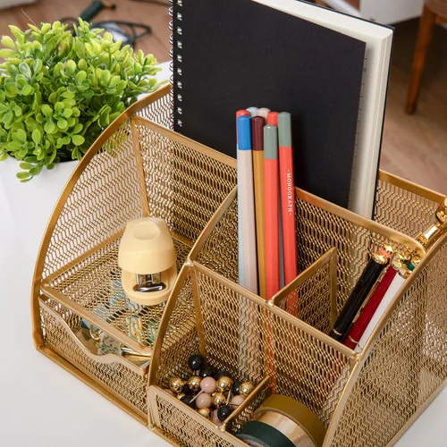 Miniatura 4 de Martha Stewart Ryder - Organizador de escritorio pequeño de metal de malla dorada para accesorios de oficina, cuadernos, soporte para bolígrafos