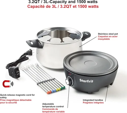 Miniatura 4 de Starfrit Juego de fondue eléctrica de 12 piezas, 3 L, cable magnético de liberación rápida, 1500 W, perfecto para queso y chocolate