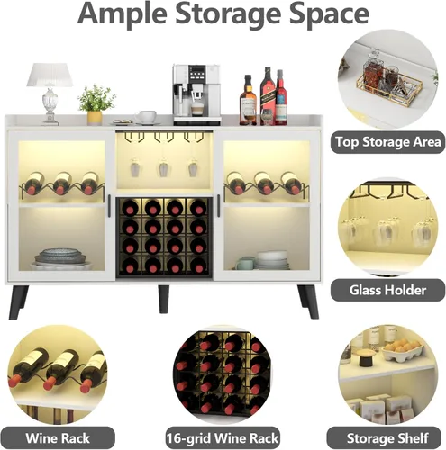 Miniatura 4 de Auromie Gabinete de bar de vinos con luz LED, gabinete de café para el hogar con estante para vino y vidrio, aparador de cocina con estantes