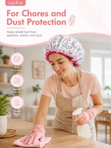 Miniatura 7 de Aquior Gorro de ducha para mujer, impermeable, reutilizable, con elástico suave, tamaño grande para cabello largo, bonito gorro de baño para ducha