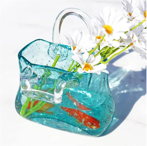 Miniatura 13 de Glass Bag Vase for Flowers, Glass Purse Vase Blowing by Hand Glass Flower Vase Purse Flower Vase, Glass Bag Vase for Decor,Style1-Blue