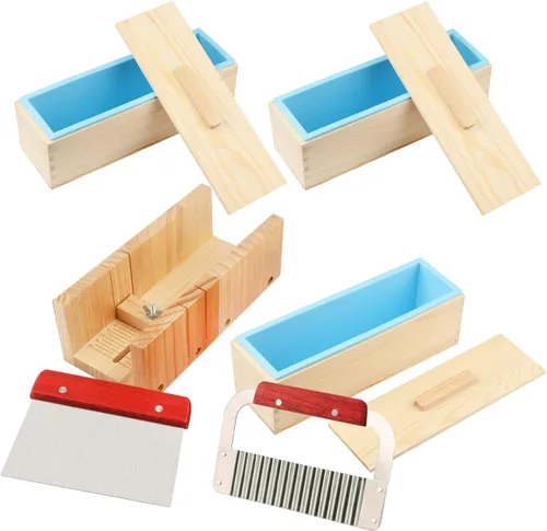 Kit de fabricación de jabón prémium con 3 moldes de silicona de 42 onzas y caja de madera y dos cortadores, juego completo de manualidades para