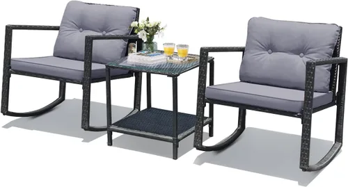 Miniatura 10 de HAPPYGRILL Juego de 3 sillas mecedoras para patio al aire libre con mesa auxiliar, muebles de mimbre de ratán, juego de conversación para jardín