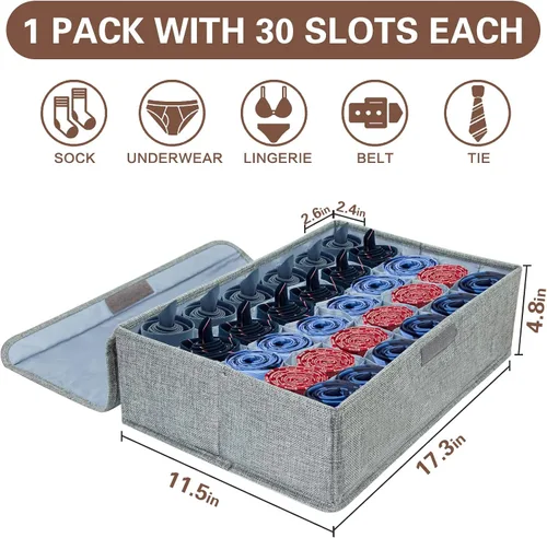 Miniatura 3 de PINGMIC Organizador Divisor de Calcetines Gris 1 Paquete con Tapa - Almacenamiento Plegable para Closet de 30 Celdas, Organizador de Corbatas
