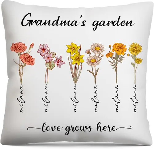 Customized Birth Month Flowers Pillow Case, Personalized Mothers Day Birthday Gifts for Grandma from Granddaughter Grandson, Grandma's Garden M2