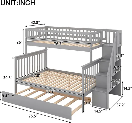 Miniatura 2 de Literas para niños con escalera, literas de madera maciza con barandilla completa