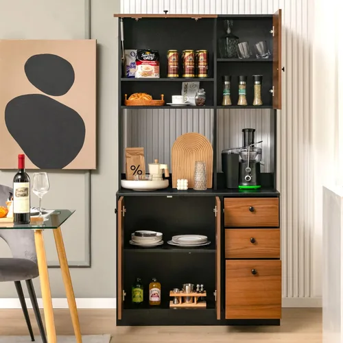 Miniatura 4 de Giantex Despensa de cocina, buffet con 3 armarios de almacenamiento, armario grande de piso de 71 pulgadas con 3 cajones profundos, encimera ancha